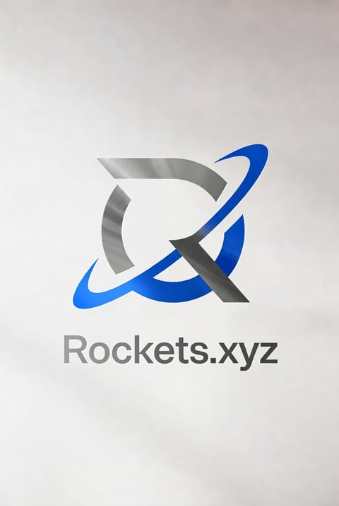 Rockets.xyz logo with blue and gray orbital rings and rocket symbol on light background