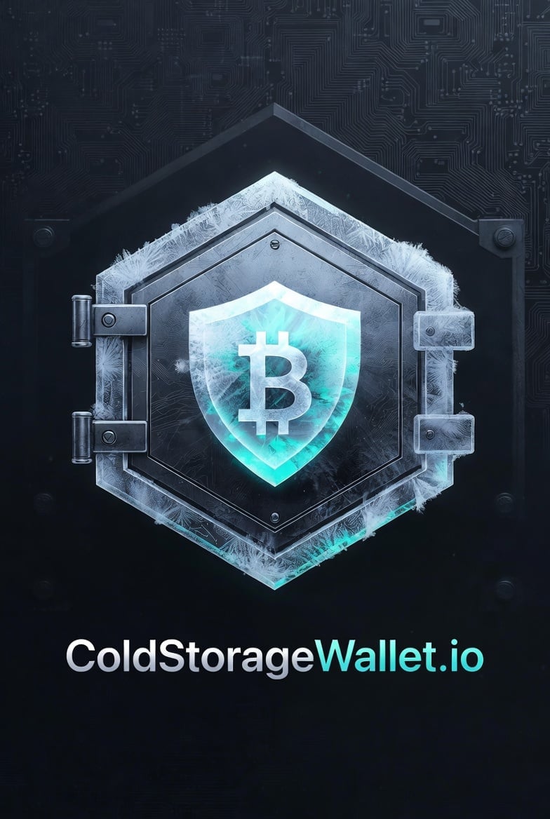 Icy bitcoin shield logo with ColdStorageWallet.io branding on dark circuit board background