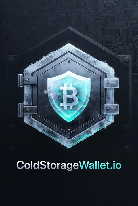 Icy bitcoin shield logo with ColdStorageWallet.io branding on dark circuit board background